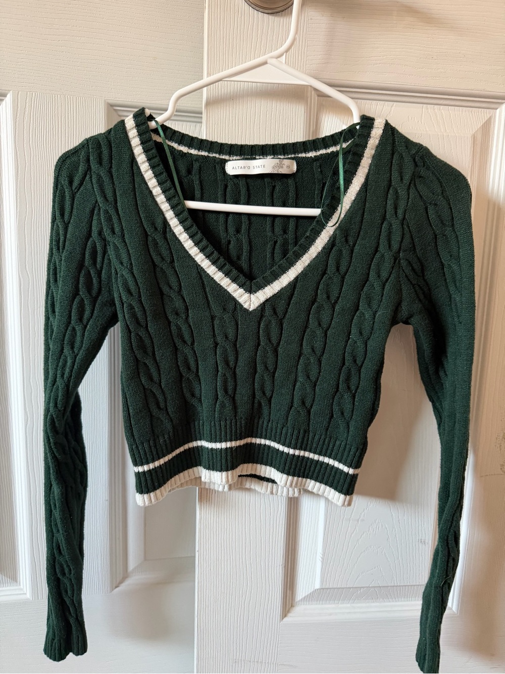 Altar'd State Dark Green Cable-Knit V-Neck Sweater with Cream Trim